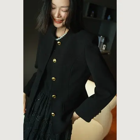 2024春季新款时尚简约高级感气质立领单排扣长袖立领显瘦短外套女图片