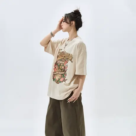 YEP潮牌复古印花短袖t恤女2024年夏季新款宽松情侣装半袖纯棉上衣商品大图