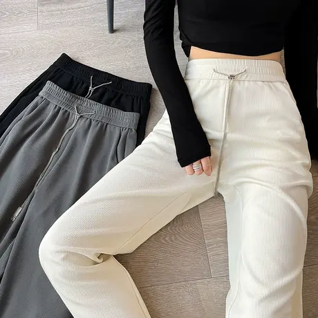 窄版黑色阔腿裤女春夏季薄款高腰垂感宽松显瘦直筒针织休闲拖地裤图片