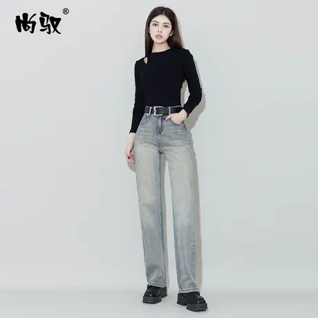 蓝色高腰牛仔窄版直筒裤女2024年春新款拖地裤韩版复古怀旧阔腿裤图片