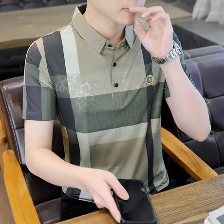 夏季2023新款男短袖Polo衫高端翻领t恤条纹修身半袖爸爸男装潮牌T商品大图