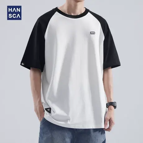 hansca 夏季重磅撞色短袖t恤男士插肩袖纯棉体恤圆领宽松潮流上衣商品大图