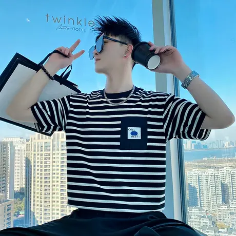 夏季海魂衫条纹短袖T恤ins设计感圆领t恤半截袖潮流男装半袖上衣商品大图