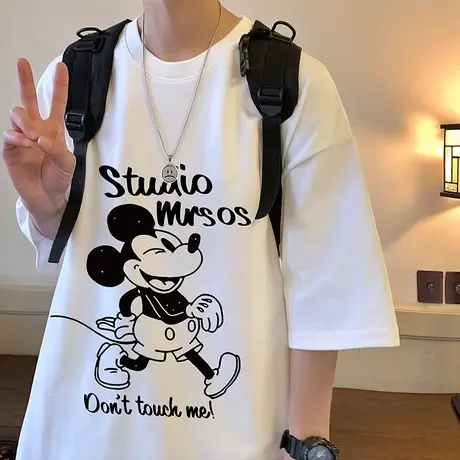 2024新款纯棉重磅宽松短袖T恤男潮牌米奇卡通ins夏季休闲体恤上衣商品大图