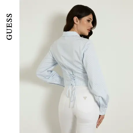 GUESS24年新款春季女士竖纹背后系带收腰长袖衬衫-W4GH80WG700图片