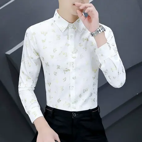 秋季长袖花衬衣服男士潮流痞帅百搭个性青年韩版时尚修身印花衬衫商品大图