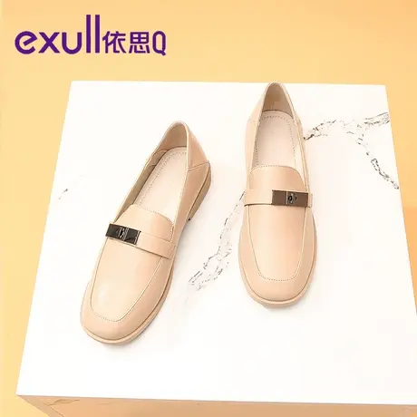 依思q真皮小皮鞋女2023年夏季新款英伦风中跟粗跟鞋子软底平底鞋商品大图