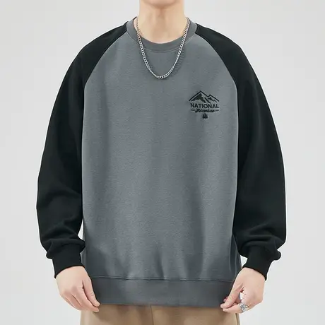 秋天男士宽松撞色插肩袖深灰圆领卫衣春秋款男装百搭长袖上衣秋季图片