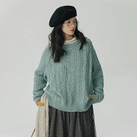 omont蛋挞家 圆领绞花毛衣女冬季2023新款加厚宽松慵懒风针织上衣图片