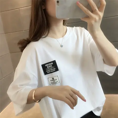 韩版短袖棉T恤女装宽松2023年新款夏季字母百搭简约上衣服ins学生商品大图