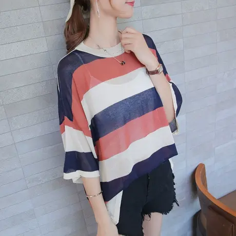 短袖针织衫女薄款夏季韩版宽松条纹上衣冰丝T恤衫女装新款潮图片