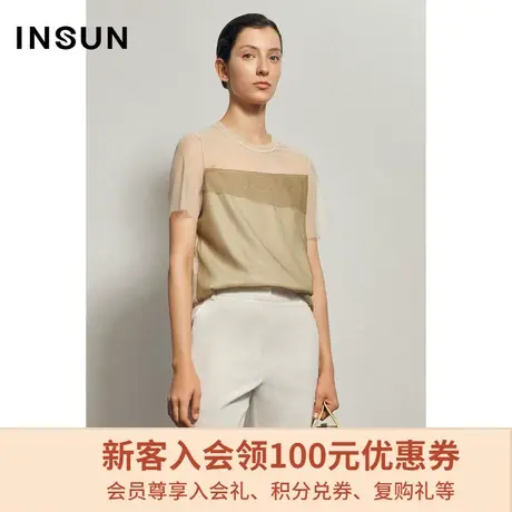 恩裳商场同款夏季时尚短袖圆领透视拼接T恤女设计感小众图片