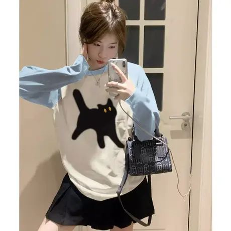 撞色插肩长袖t恤女秋冬2023新款韩版宽松设计感拼接打底衫上衣潮商品大图