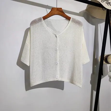 短袖镂空针织开衫女夏吊带裙子外搭罩衫短款v领空调上衣甜美小衫商品大图