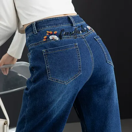 刺绣牛仔裤女高腰窄版阔腿裤2023新款春秋女裤妈妈裤子宽松直筒裤商品大图