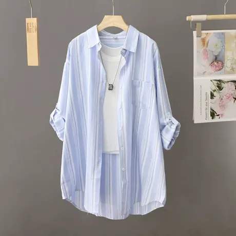 竖条纹休闲衬衫外套女士中长款2023春秋新款宽松上衣长袖开衫衬衣商品大图