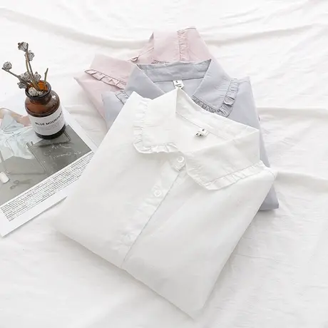 2019春秋季新款日系小清新荷叶花边娃娃领纯棉白色衬衫女打底上衣商品大图