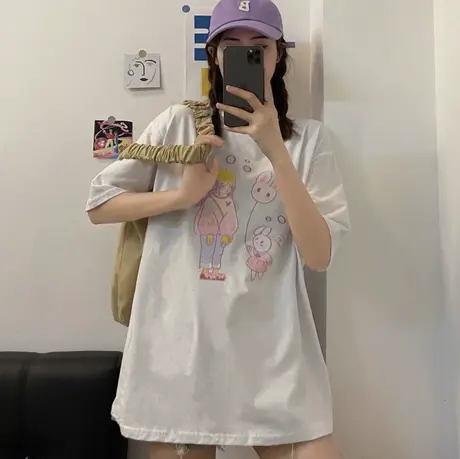 美式复古短袖t恤女纯棉宽松韩版bf慵懒风ins半袖设计感小众上衣服商品大图