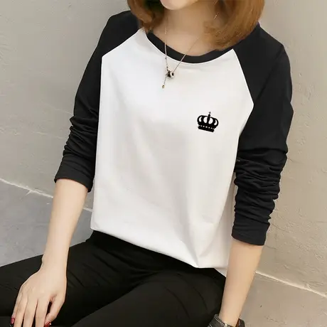 撞色插肩长袖t恤女秋衣2022春秋款拼接纯棉内搭打底衫秋装上衣女商品大图