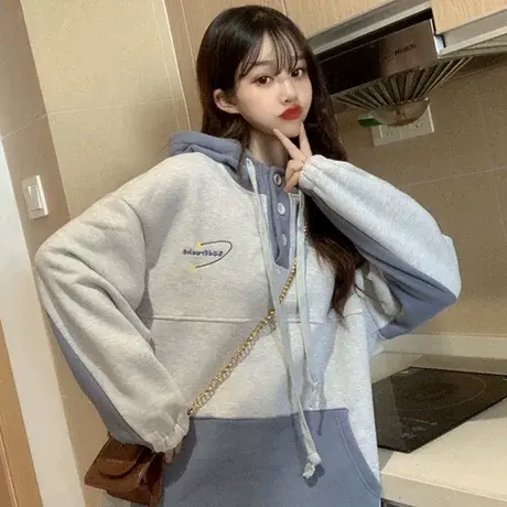 oversize卫衣chic港风女秋冬季小个子高级感上衣加绒加厚连帽外套商品大图