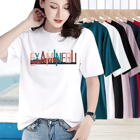 纯棉白色圆领t恤女短袖夏装宽松新款字母印花夏季女上衣落肩半袖图片