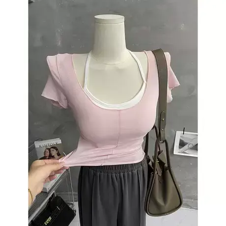 版型Ju好～纯欲风挂脖带胸垫吊带短袖T恤两件套紧身撞色上衣打底商品大图