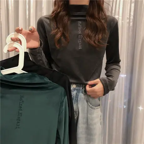 高领金丝绒洋气时尚纯色打底衫女秋冬2023新款韩版修身内搭上衣潮图片