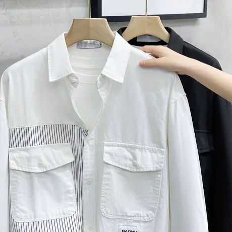 长袖衬衫男士秋冬季外套美式条纹工装拼接纯棉男生休闲衬衣上衣潮商品大图