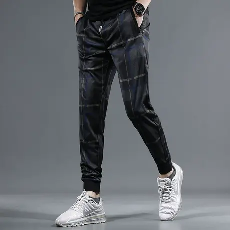 蓝黑色休闲裤男2023夏季新款潮牌修身束脚男士格纹弹力薄款裤子男商品大图