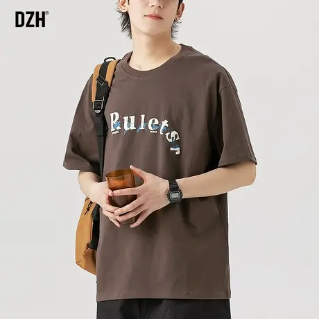 青少年咖色短袖t恤男夏季纯棉宽松印花上衣2023新款日系体恤男装商品大图