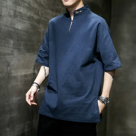 中国风刺绣短袖T恤男宽松大码立领唐装复古风新中式男装棉麻半袖图片