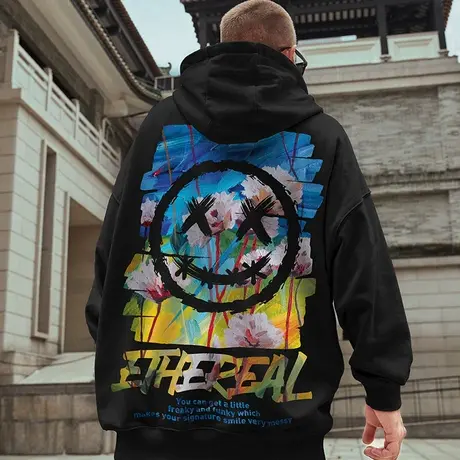 小恶魔卫衣男潮胖子潮牌潮流大码连帽笑脸外套秋冬加绒鬼脸带帽衫商品大图