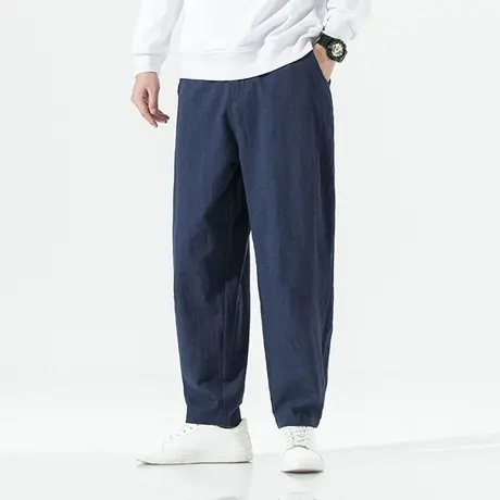 秋季男潮新款拉链门襟长裤中国风棉麻休闲裤ins直筒宽松亚麻裤子图片