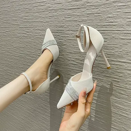 2023年新款夏季气质高跟鞋法式细跟尖头一字绝美包头凉鞋水钻单鞋图片
