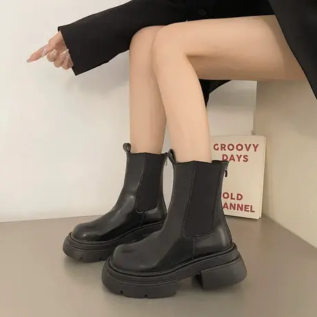 切尔西马丁靴女夏秋单靴2023爆款大头厚底烟管短筒靴烟筒黑色短靴商品大图