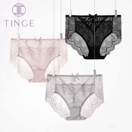 TINGE性感黑白蕾丝内裤女夏季薄款中腰包臀时尚三角裤透气短裤图片