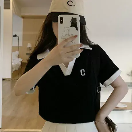纯欲v领polo衫刺绣2024夏装设计感小众翻领短袖t恤女ins潮图片