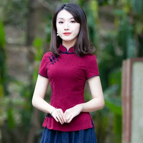 筠雅唐装夏装女旗袍上衣女夏红色复古古装汉服短袖女式民国风女装商品大图