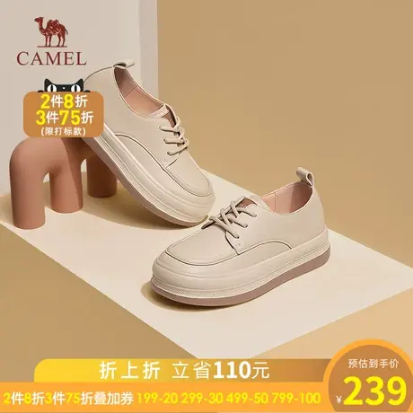 骆驼女鞋2023秋季新款英伦风小皮鞋女系带深口高跟粗跟单鞋女图片