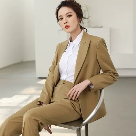 春秋新款卡其色职业西服套装2023韩版时尚工装白领西装上衣女显白图片