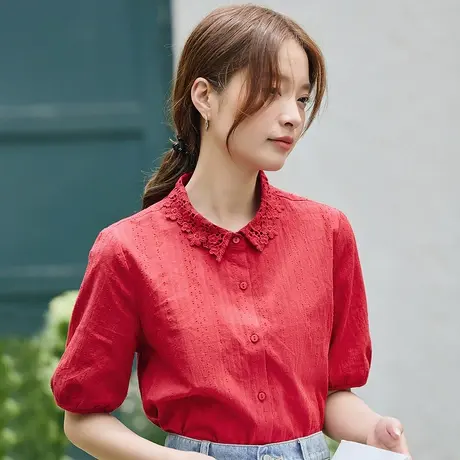 茵曼2023年夏季新款女装花边翻领短袖衬衣商品大图