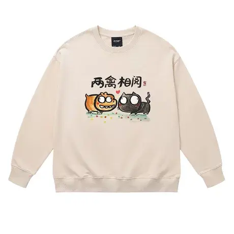 中国风趣味卡通两禽相阅印花打底衫国潮街头嘻哈纯棉黑色上衣男潮商品大图