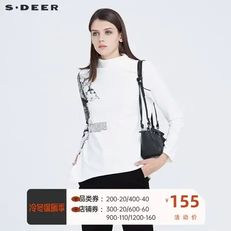 sdeer圣迪奥新品女装半高领水墨印花不规则长袖T恤S20480219🧐图片