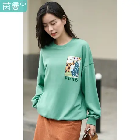 茵曼2023春女装新款休闲烫画手工钉珠运动圆领宽松套头衫卫衣图片