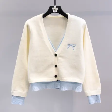 假两件设计感V领毛衣外套女秋冬2023新款时尚高级感短款针织开衫图片