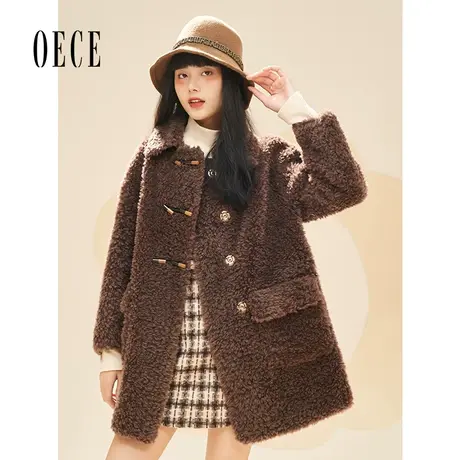 【买1送1】Oece羊羔毛外套女冬新款复古牛角扣中长款毛毛大衣商品大图