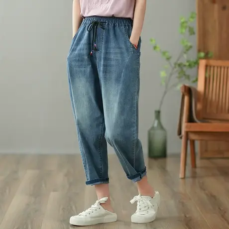 dza 高腰显瘦做旧牛仔裤女2023夏季纯棉九分直筒裤宽松百搭哈伦裤商品大图