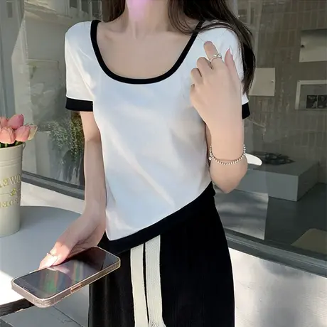 短袖正肩t恤女夏小众设计感不规则撞色拼接辣妹别致短款上衣潮ins图片