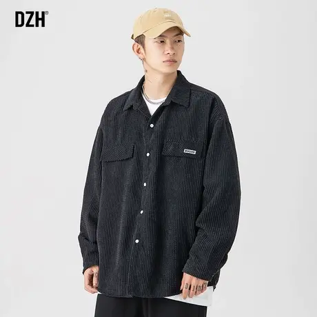 男生日系黑色玉米格翻领长袖衬衫男秋季潮牌宽松2023新款衬衣外套商品大图