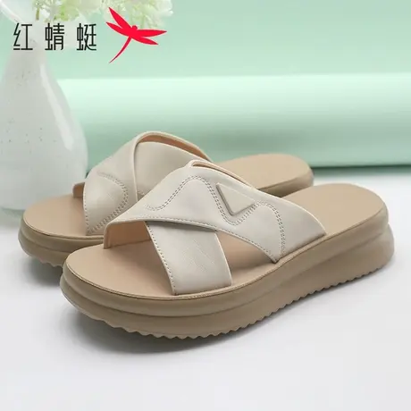 红蜻蜓女鞋2025夏季新款外穿厚底坡跟凉拖女软底皮面一字拖鞋商品大图